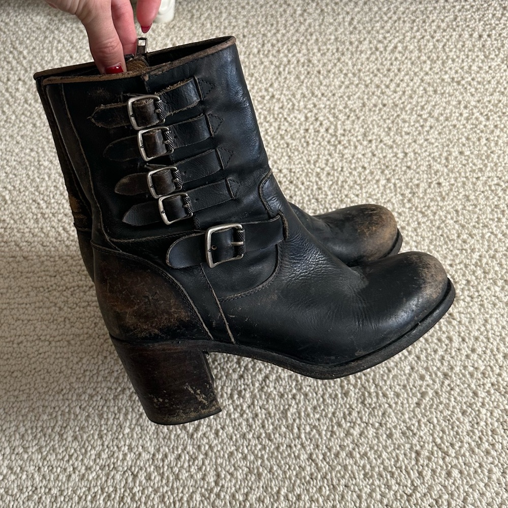 Frye. Intentionally weathered buckle combat boots